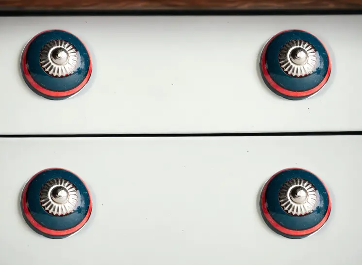 Set of Twelve Navy Blue And Red Geometric Ceramic Drawer Pull Knobs