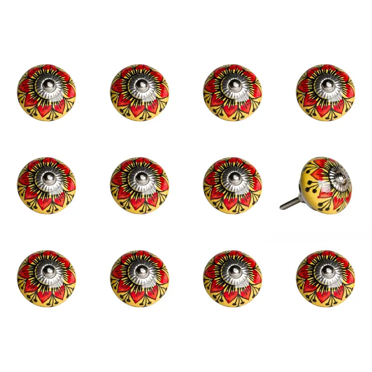 Set of Twelve Yellow And Black Floral Ceramic Drawer Pull Knobs
