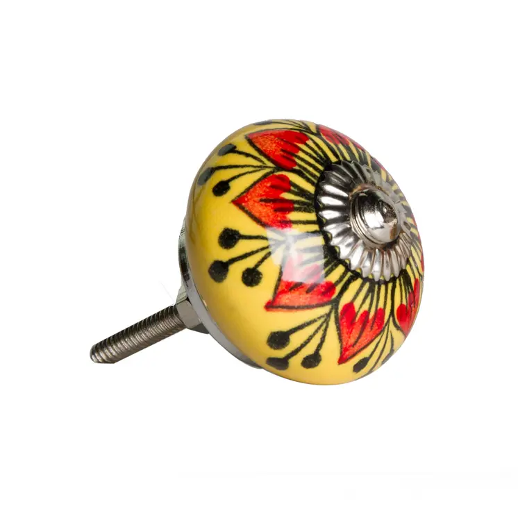 Set of Twelve Yellow And Black Floral Ceramic Drawer Pull Knobs