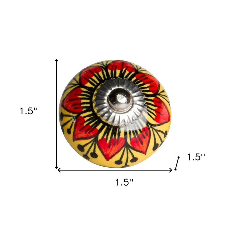 Set of Twelve Yellow And Black Floral Ceramic Drawer Pull Knobs