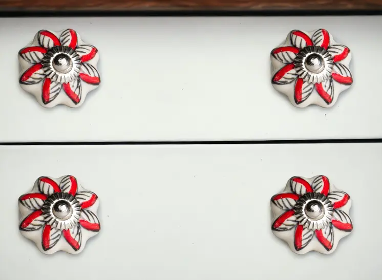 Set of Twelve Red And White Floral Ceramic Drawer Pull Knobs
