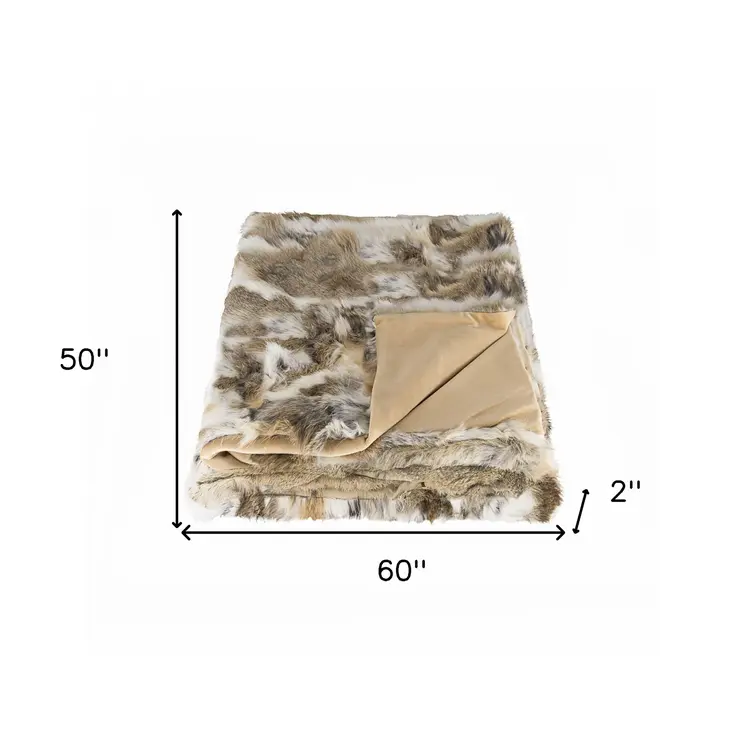 60" X 50" Tan Knitted Rabbit Fur Animal Print Throw Blanket
