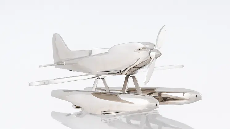 7" Nickel Metal Hand Painted Model Airplane Tabletop Sculpture