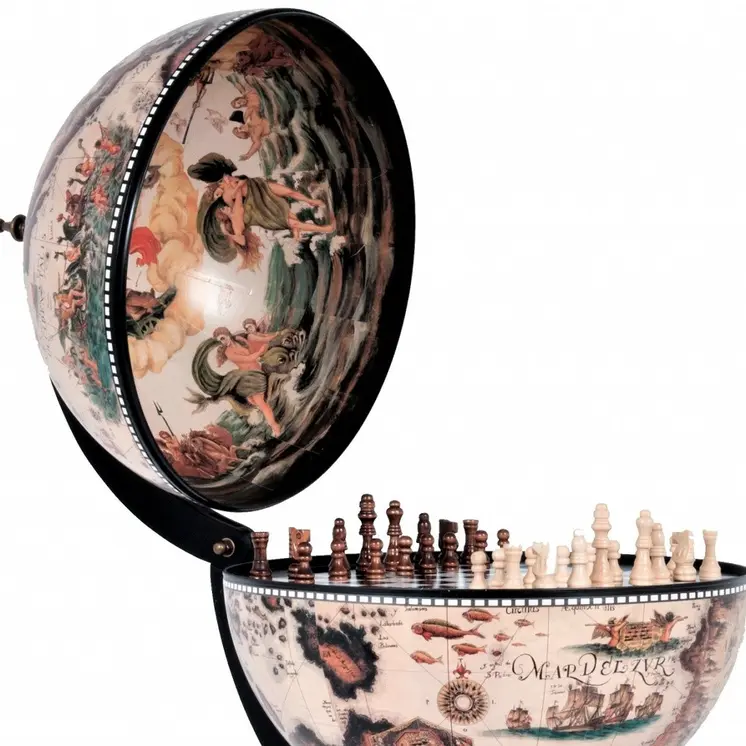 13" Brown And Black World Map Globe Chess Game Set