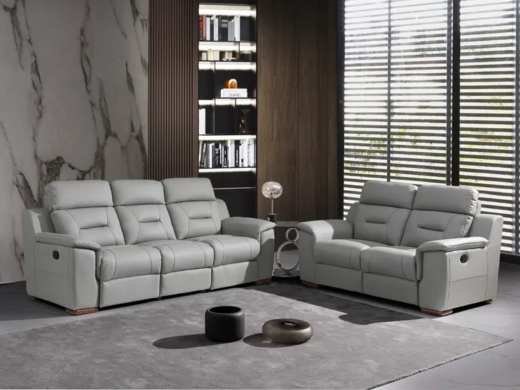 Two Piece Indoor Gray Genuine Leather Five Person Seating Set
