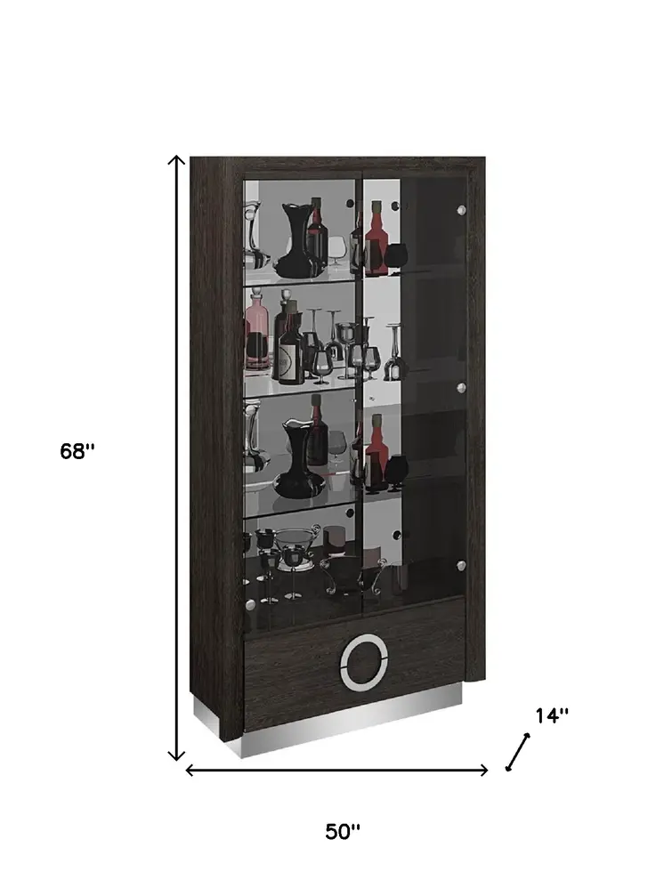 50" Gray and Silver Wood And Glass Curio Cabinet With Two Doors And One Drawer