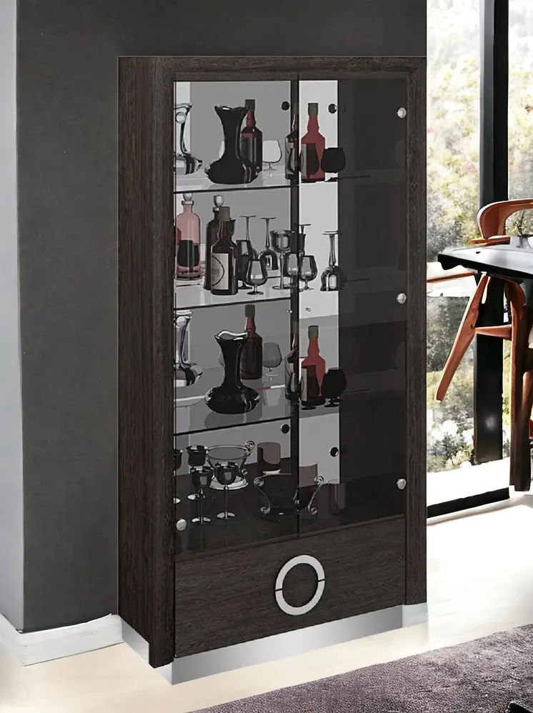 50" Gray and Silver Wood And Glass Curio Cabinet With Two Doors And One Drawer