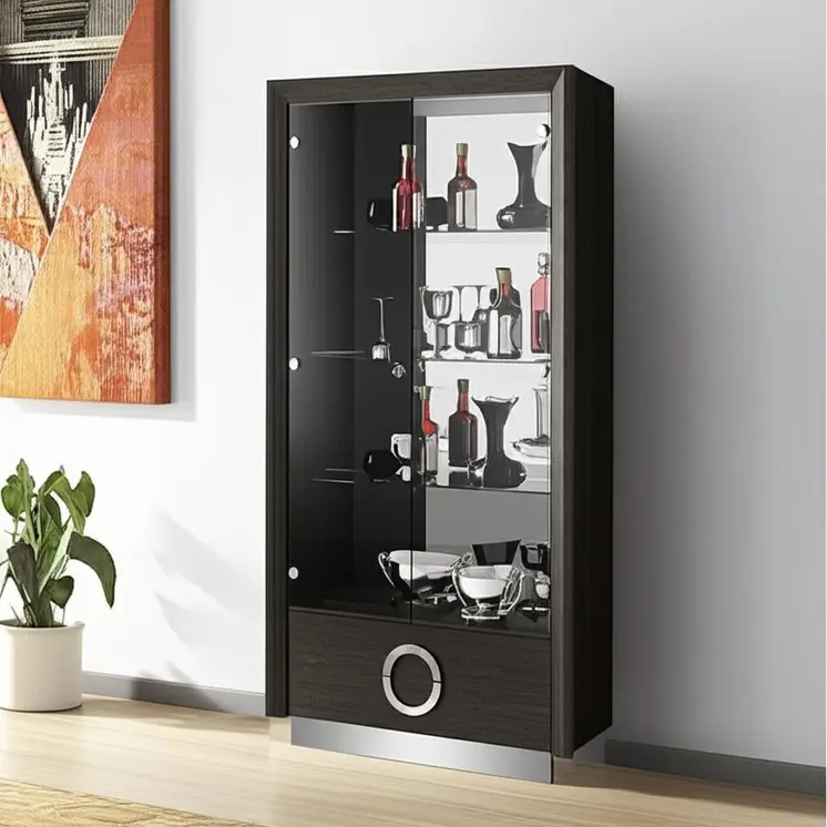 50" Gray and Silver Wood And Glass Curio Cabinet With Two Doors And One Drawer