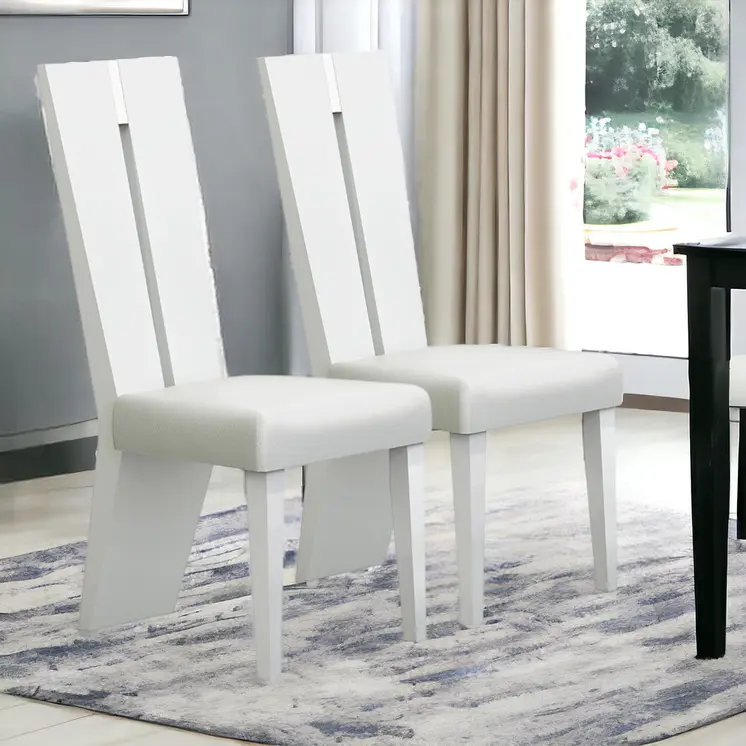 Set of Two White Upholstered Faux Leather Ladder Back Dining Side Chairs