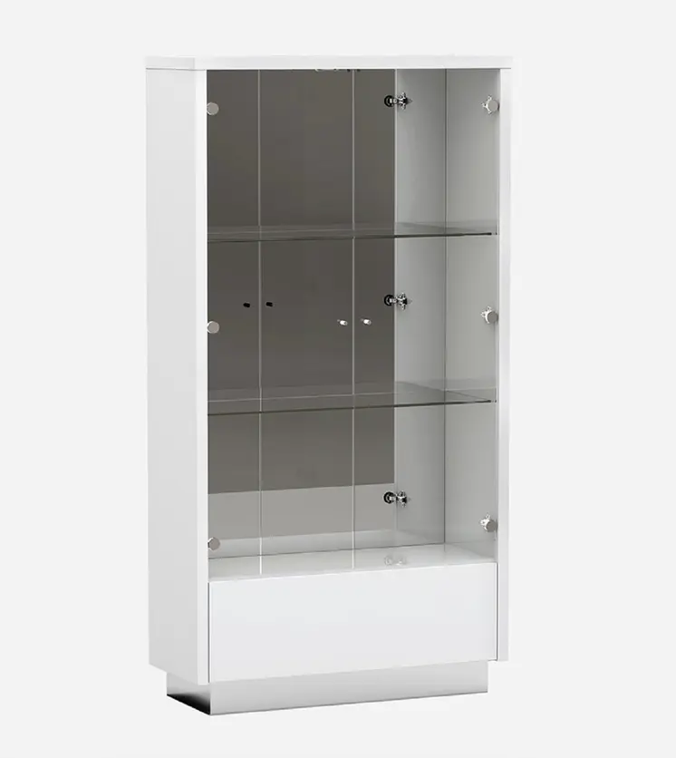 50" White and Silver Wood Curio Cabinet With Two Doors And One Drawer