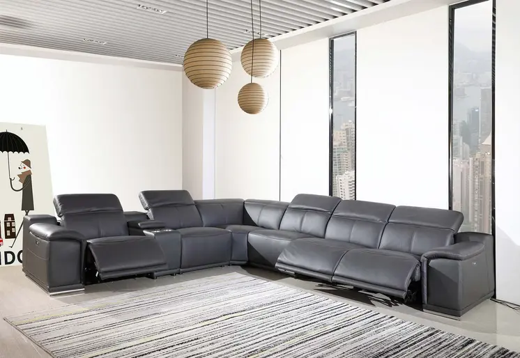 Gray Italian Leather Power Reclining U Shaped Seven Piece Corner Sectional With Console