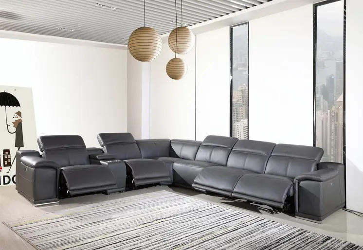 Gray Italian Leather Power Reclining U Shaped Seven Piece Corner Sectional With Console