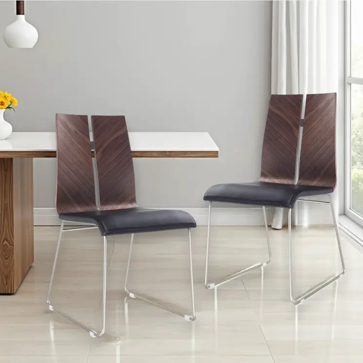 Set of Two Black and Silver Upholstered Faux Leather Dining Side Chairs