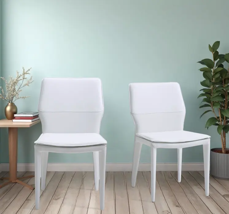 Set of Two White Slipcovered Upholstered Faux Leather Dining Side Chairs