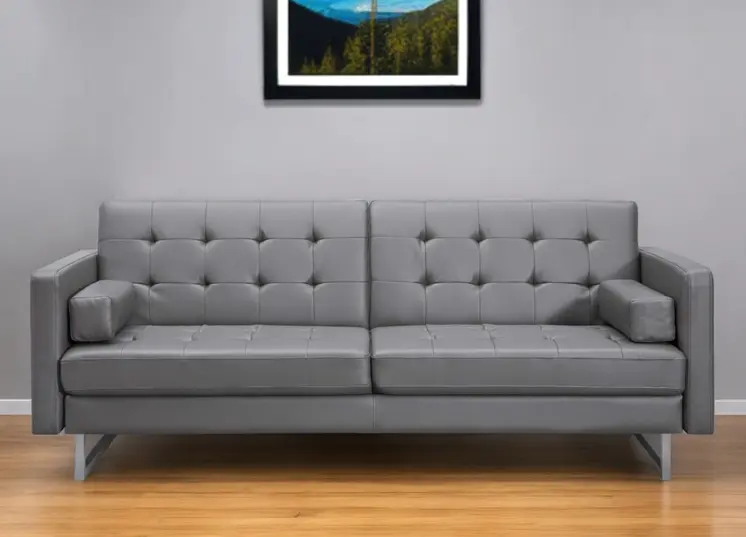 80" Gray Faux Leather Sleeper Sofa With Silver Legs