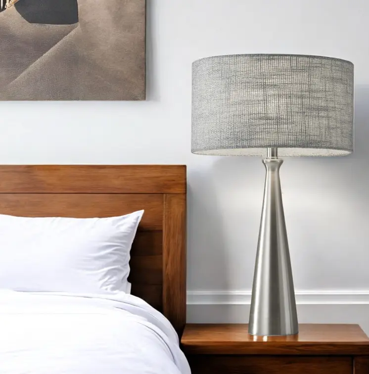 22" Silver Metal Table Lamp With Gray Drum Shade