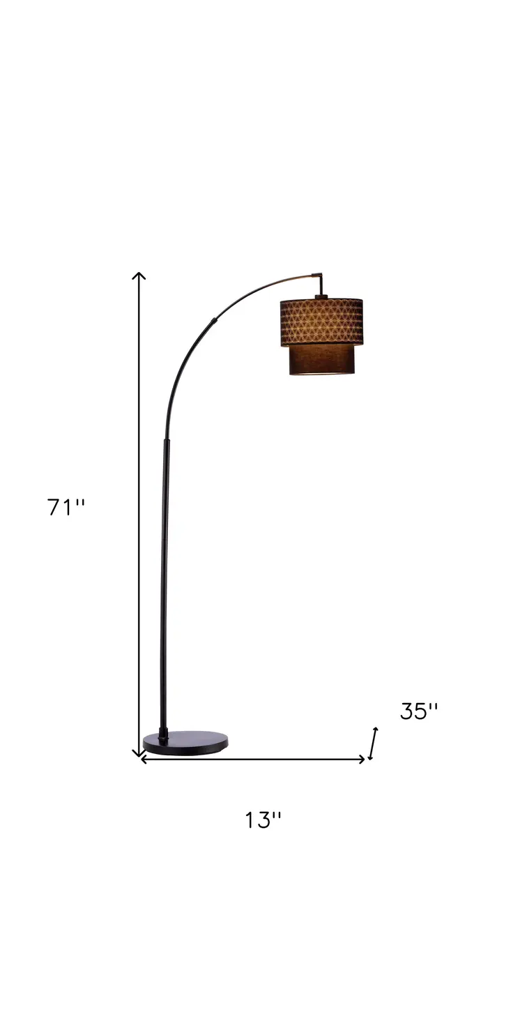 71" Brown And Black Arched Floor Lamp With Brown Fabric Drum Shade
