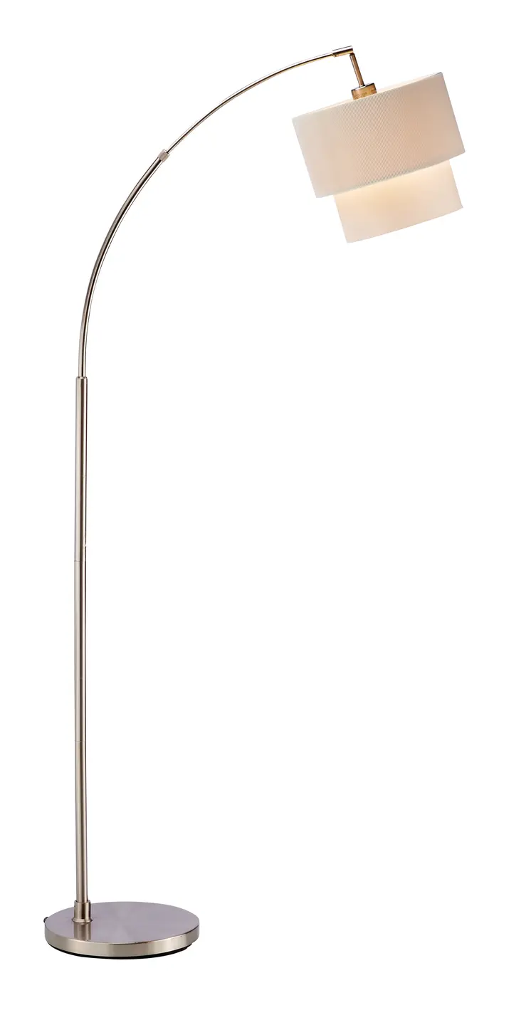71" Silver Adjustable Arched Floor Lamp With White And Natural Fabric Drum Shade