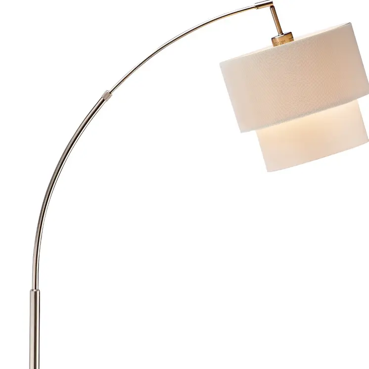 71" Silver Adjustable Arched Floor Lamp With White And Natural Fabric Drum Shade