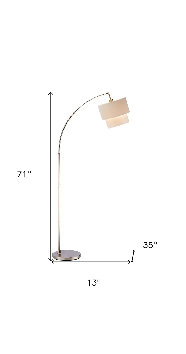 71" Silver Adjustable Arched Floor Lamp With White And Natural Fabric Drum Shade