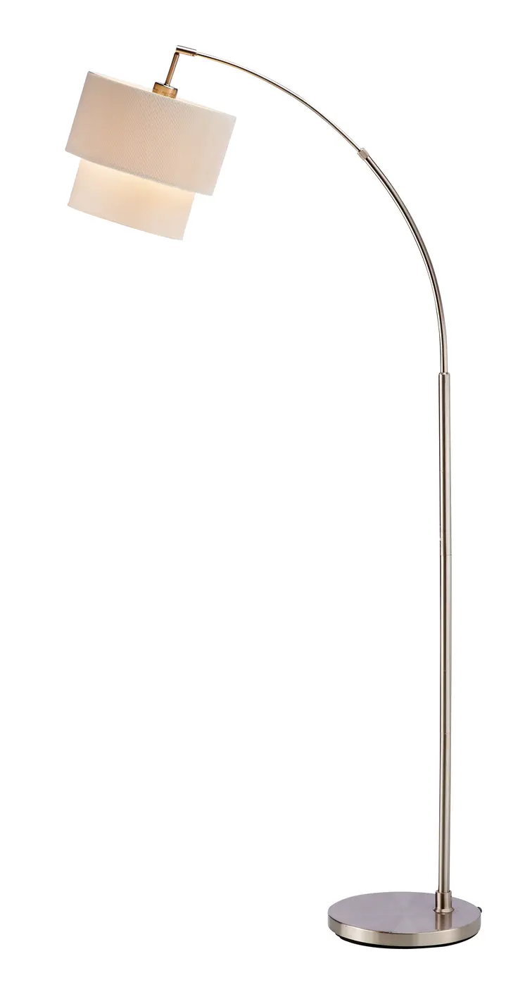 71" Silver Adjustable Arched Floor Lamp With White And Natural Fabric Drum Shade