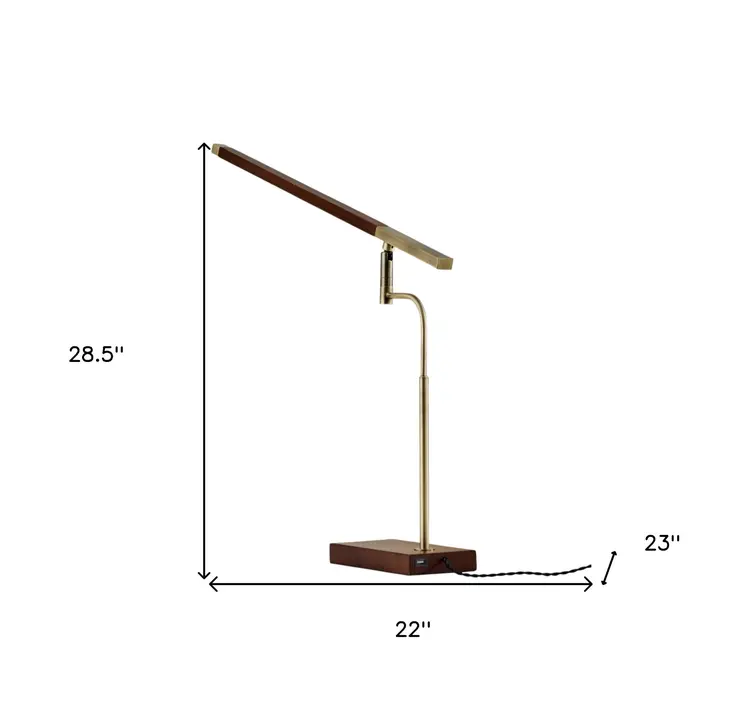 Walnut Wood Finish And Antique Brass Metal Adjustable Led Desk Lamp With Usb Port