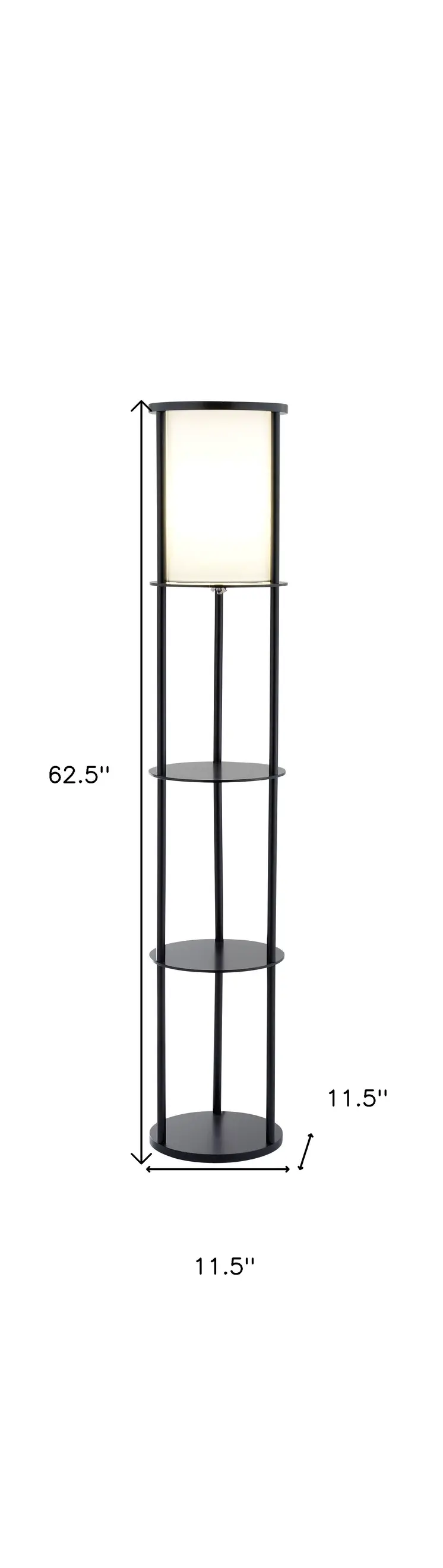 63" Black Wood Column Floor Lamp With White Fabric Cylinder Shade