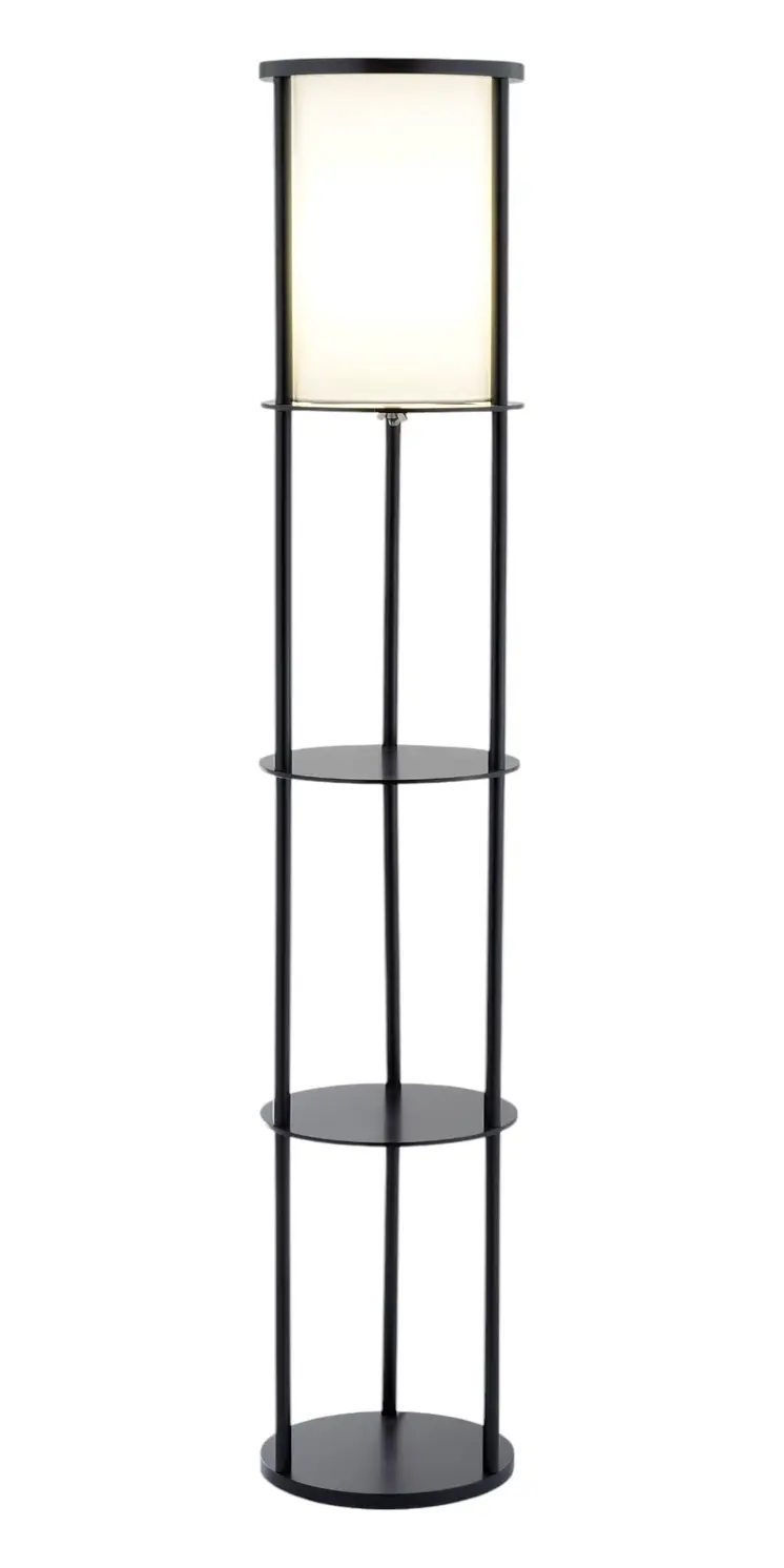 63" Black Wood Column Floor Lamp With White Fabric Cylinder Shade