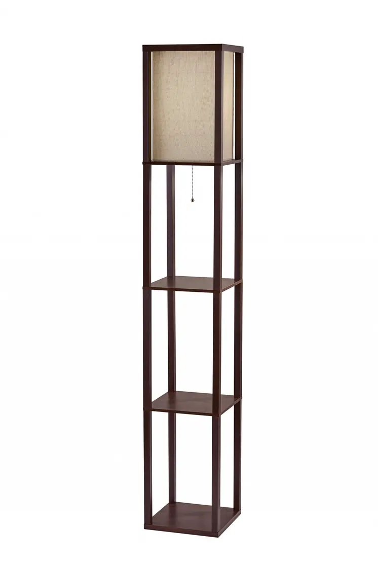 63" Brown Column Floor Lamp With Beige Fabric Square Shade
