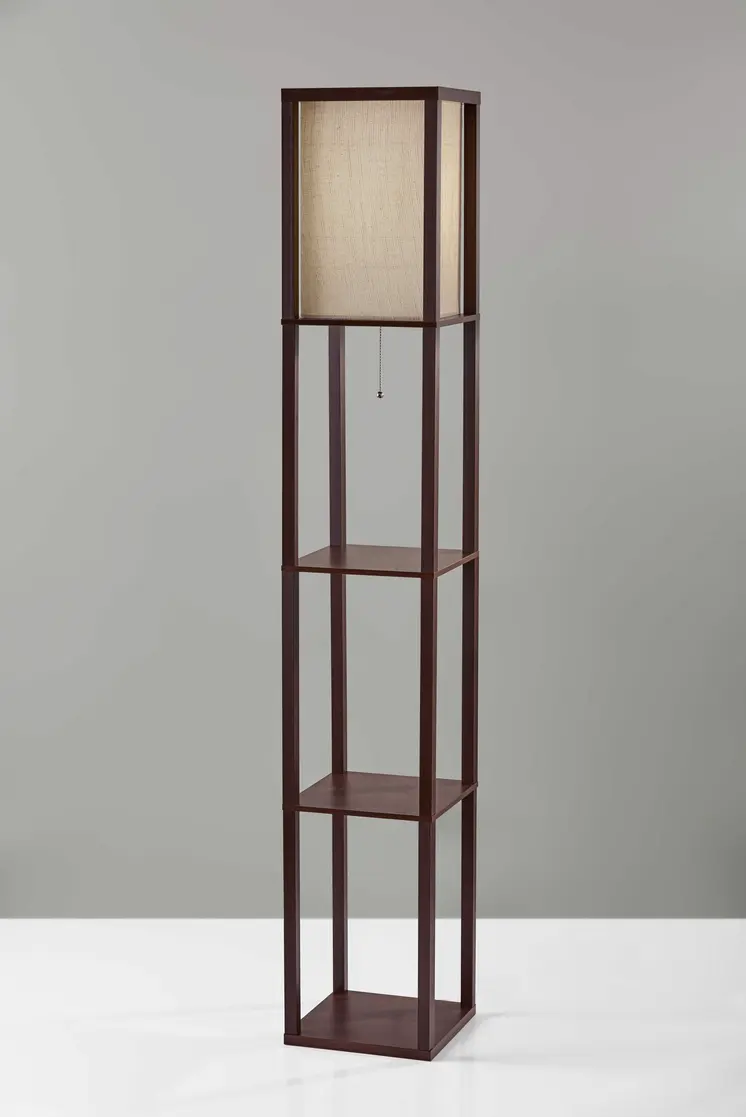 63" Brown Column Floor Lamp With Beige Fabric Square Shade