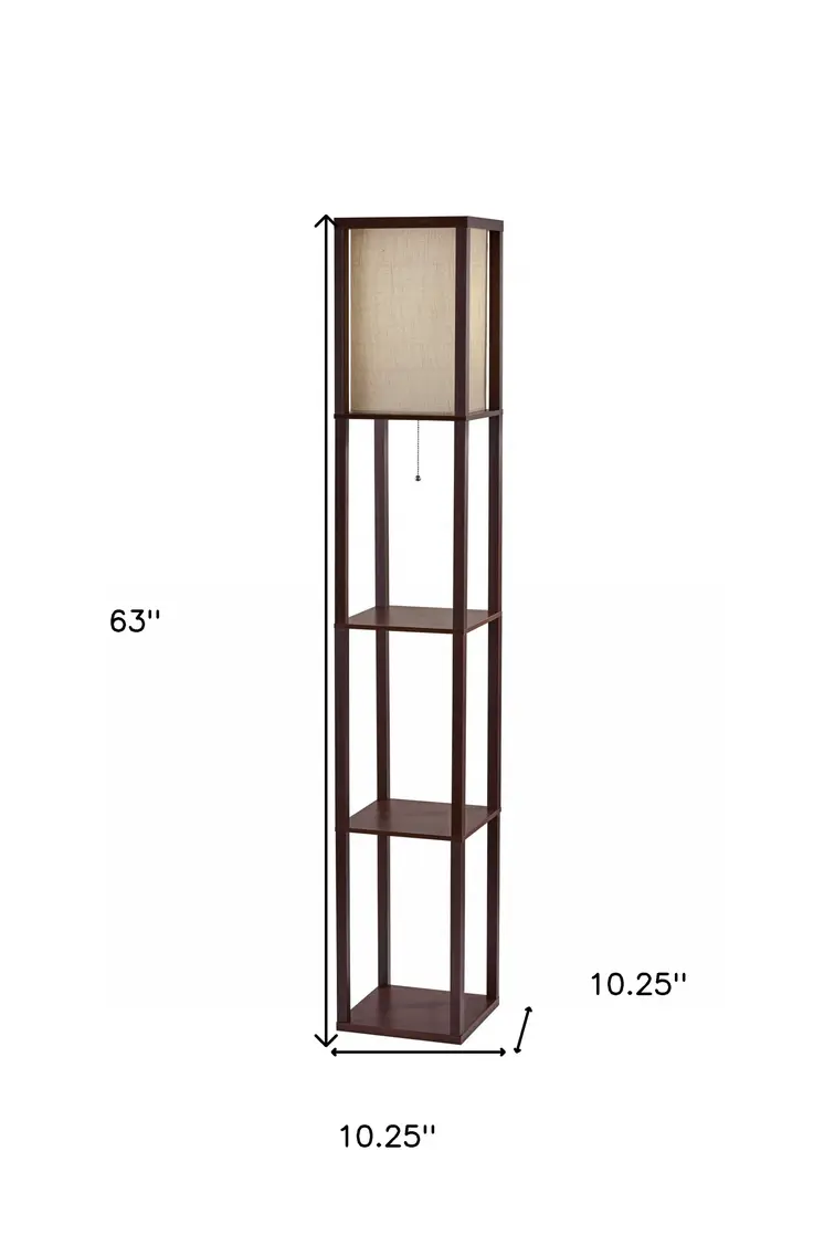 63" Brown Column Floor Lamp With Beige Fabric Square Shade