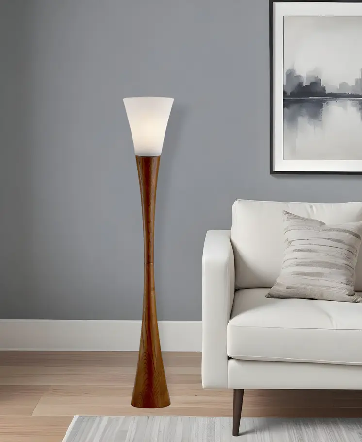68" Brown And White Solid Wood Novelty Floor Lamp With White Acrylic Cone Shade