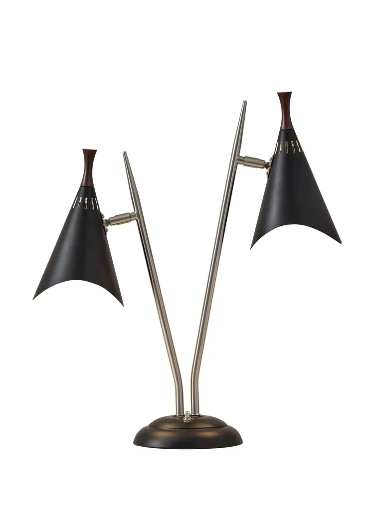 22" Black and Silver Metal Two Light Desk Lamp With Black Cone Shades
