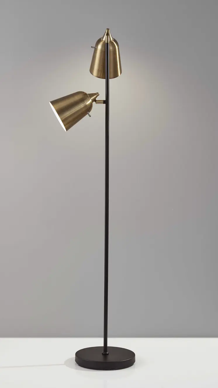 58" Black Two Light Task Floor Lamp With Antiqued Brass Metal Cone Shade