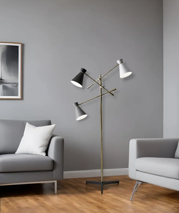 71" Brass Metal Novelty Floor Lamp With Black And White Iron Cone Shade