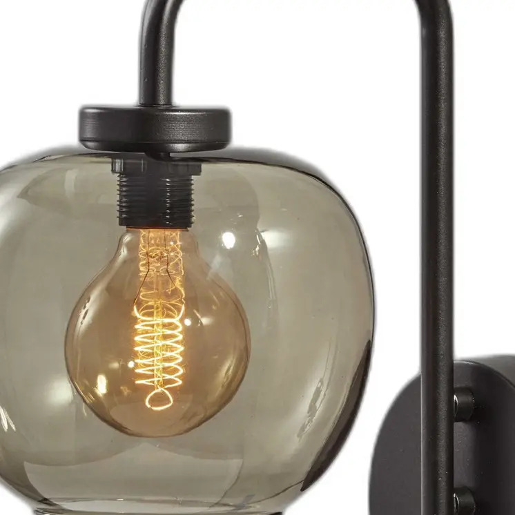 Smoked Glass Globe Shade With Vintage Edison Bulb And Matte Black Metal Wall Lamp