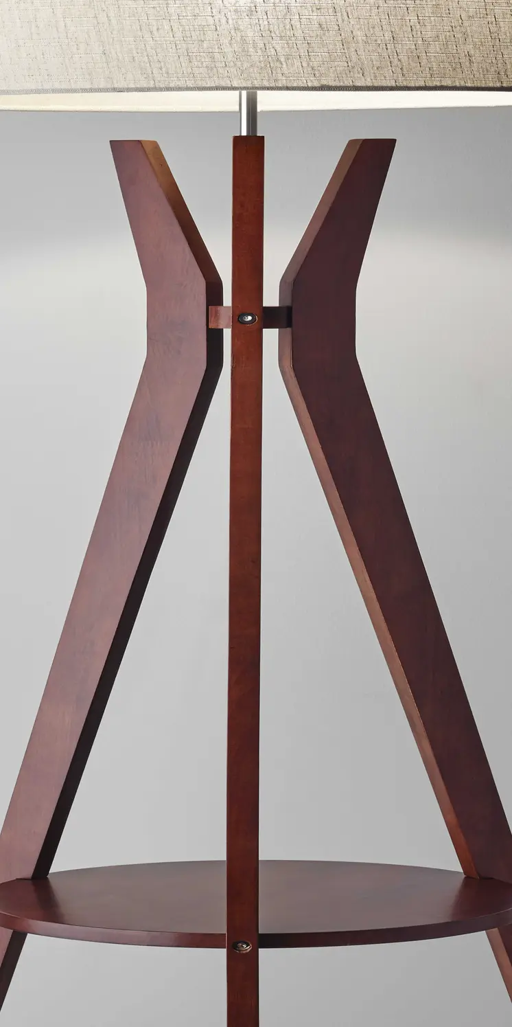 60" Brown And White Solid Wood Tripod Floor Lamp With White Fabric Drum Shade
