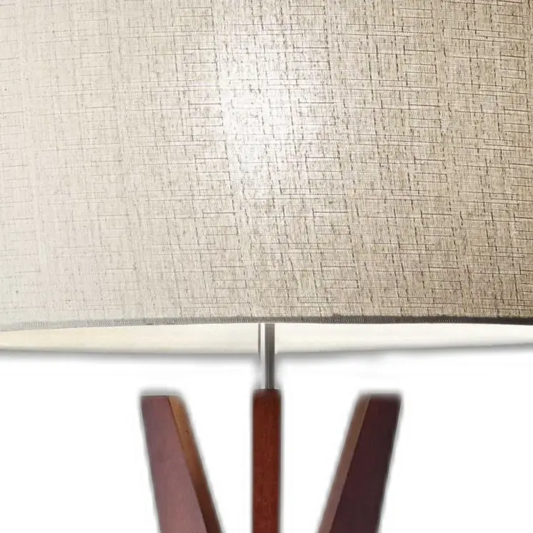 60" Brown And White Solid Wood Tripod Floor Lamp With White Fabric Drum Shade