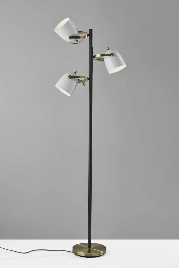 65" Black And White Three Light Tree Floor Lamp With White Metal Bell Shade