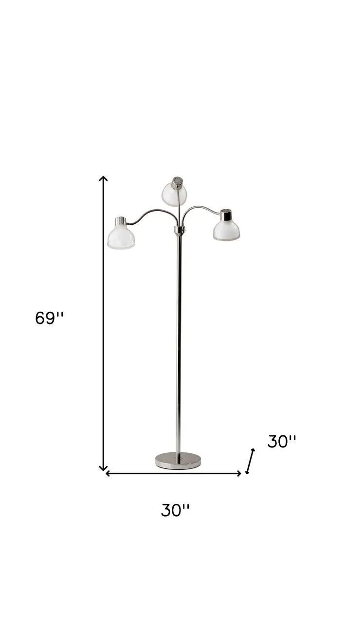 69" Silver Three Light Tree Floor Lamp With White Plastic Bowl Shade
