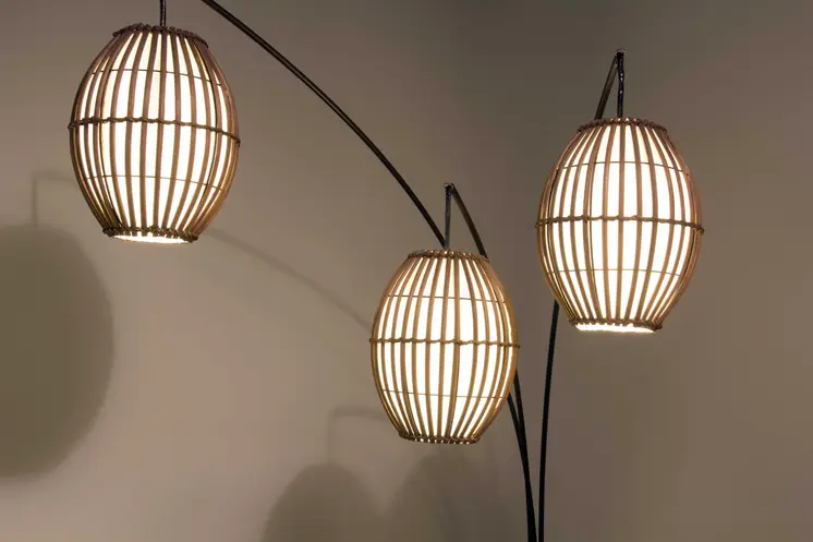 82" Bronze Three Light Tree Floor Lamp With Beige Wicker Cage Shade