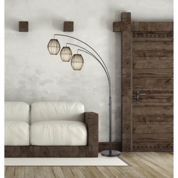 82" Bronze Three Light Tree Floor Lamp With Beige Wicker Cage Shade