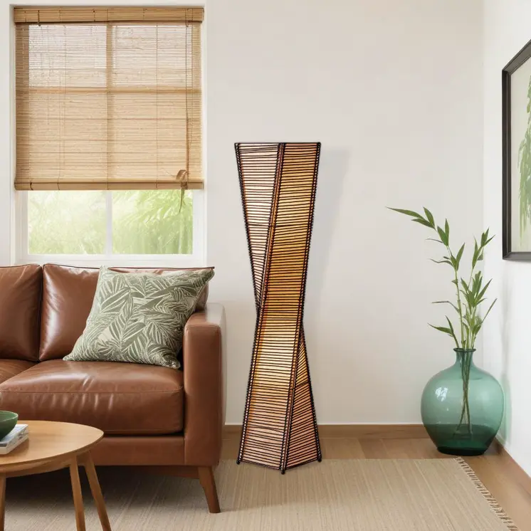 50" Black Floor Lamp With Black and Tan Twisted Cylinder Shade