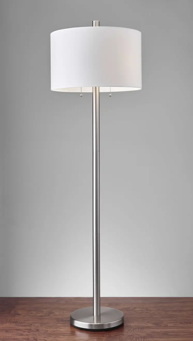 61" Silver Two Light Floor Lamp With White Fabric Drum Shade