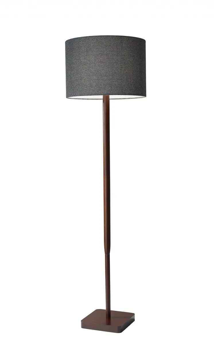 59" Brown And Black Solid Wood Floor Lamp With Dark Gray Fabric Drum Shade