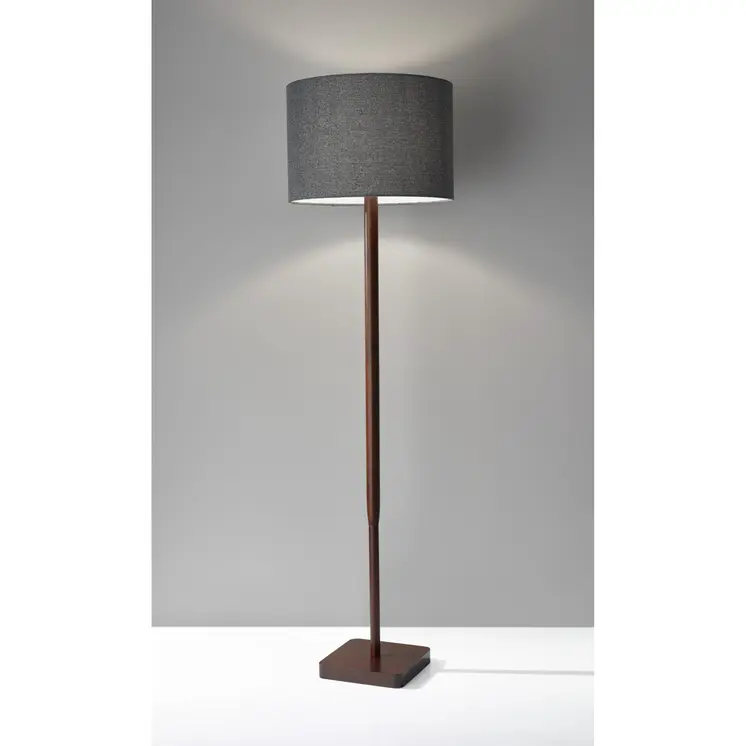 59" Brown And Black Solid Wood Floor Lamp With Dark Gray Fabric Drum Shade