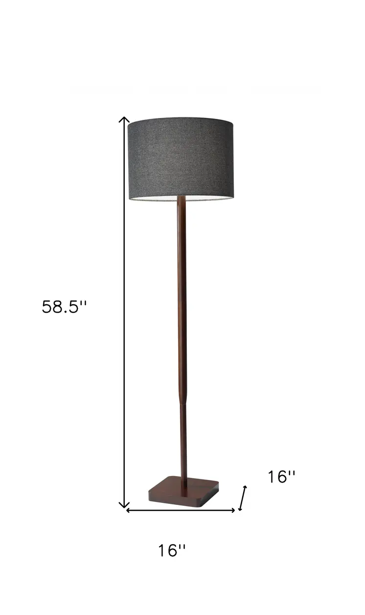 59" Brown And Black Solid Wood Floor Lamp With Dark Gray Fabric Drum Shade