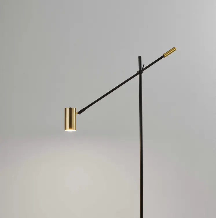63" Black And Gold Adjustable LED Task Floor Lamp With Antiqued Brass Metal Cylinder Shade