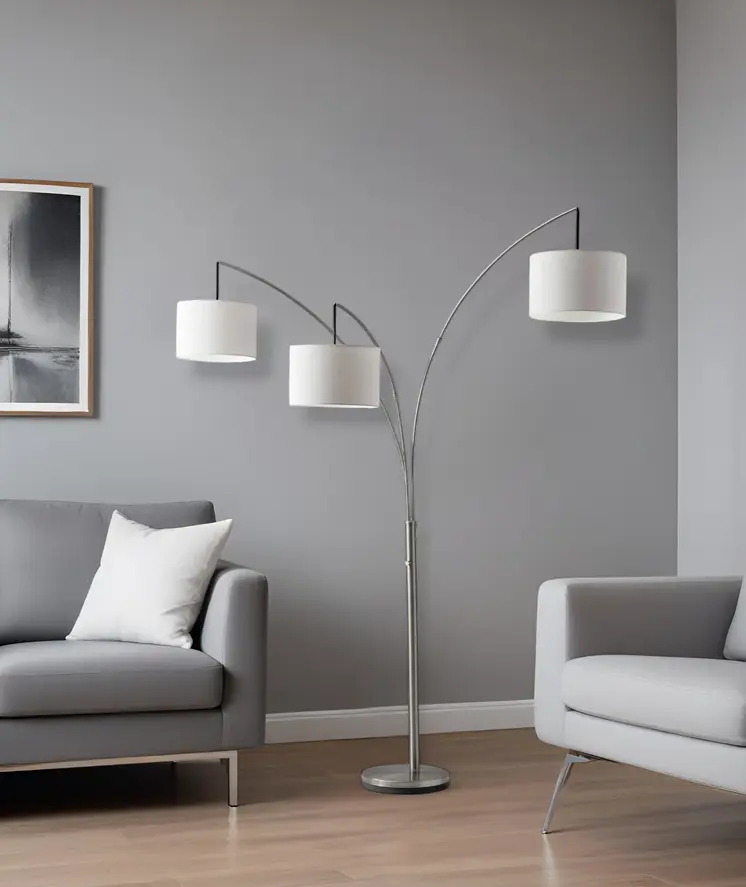 74" Silver Three Light Tree Floor Lamp With White Linen Drum Shade