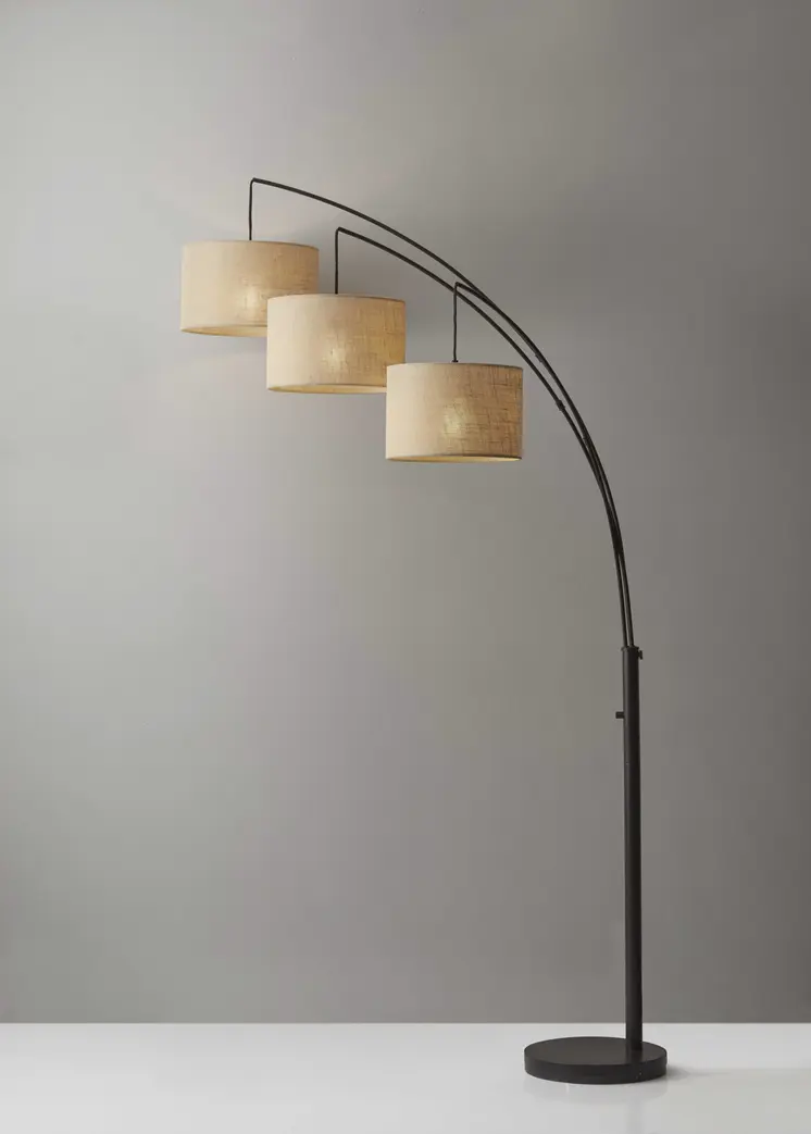 74" Bronze Three Light Tree Floor Lamp With Beige Burlap Drum Shade